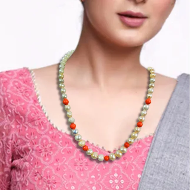 Real Natural Pearl & Orange Beads Necklace for Women (SN952)