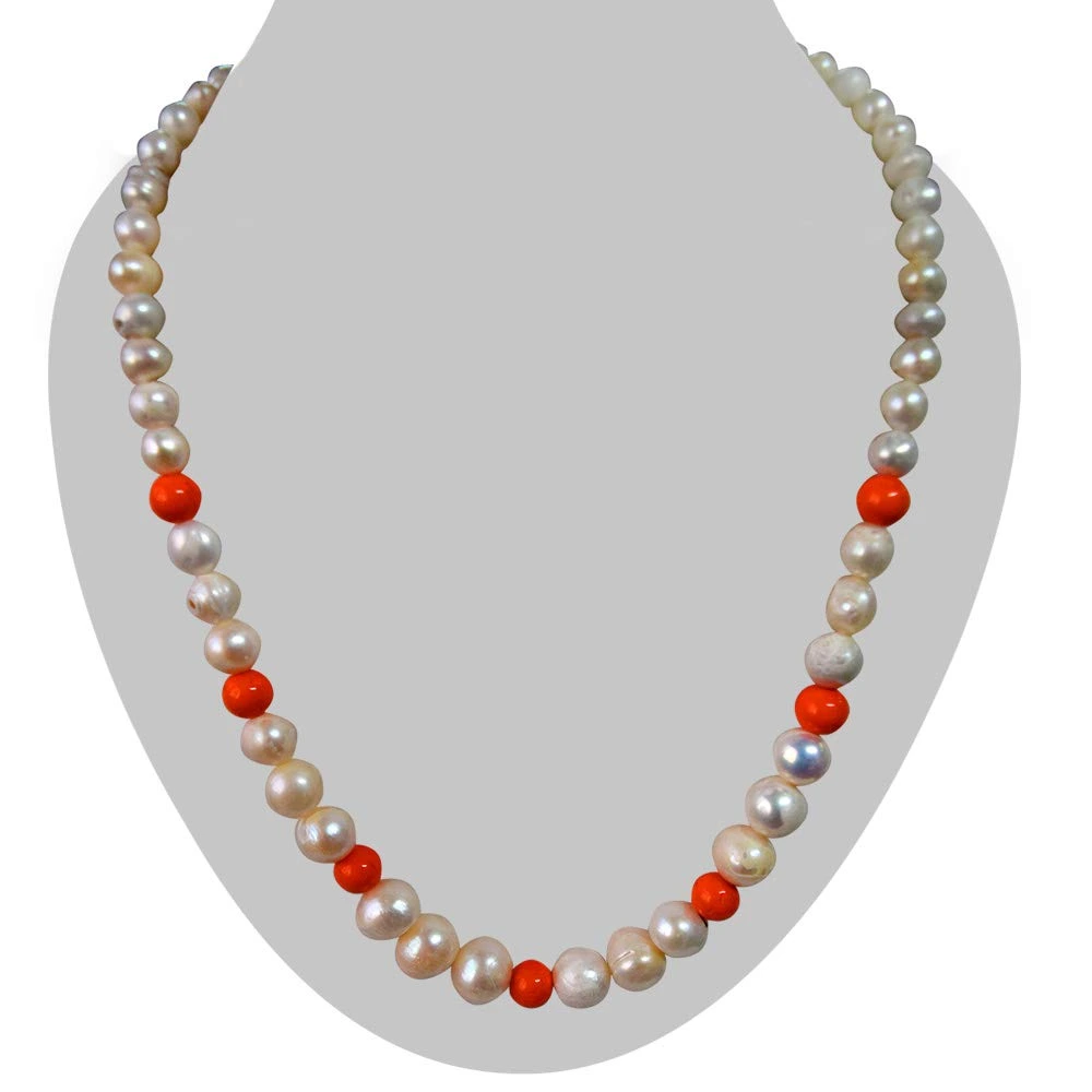 Real Natural Pearl & Orange Beads Necklace for Women (SN952)