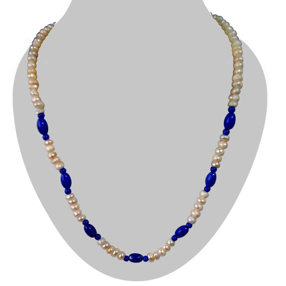 Single Line Real Freshwater Pearl & Blue Beads Necklace for Women (SN953)