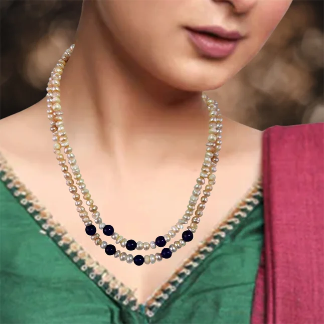 Two Line Real Natural Freshwater Pearl & Blue Beads Necklace for Women (SN954)