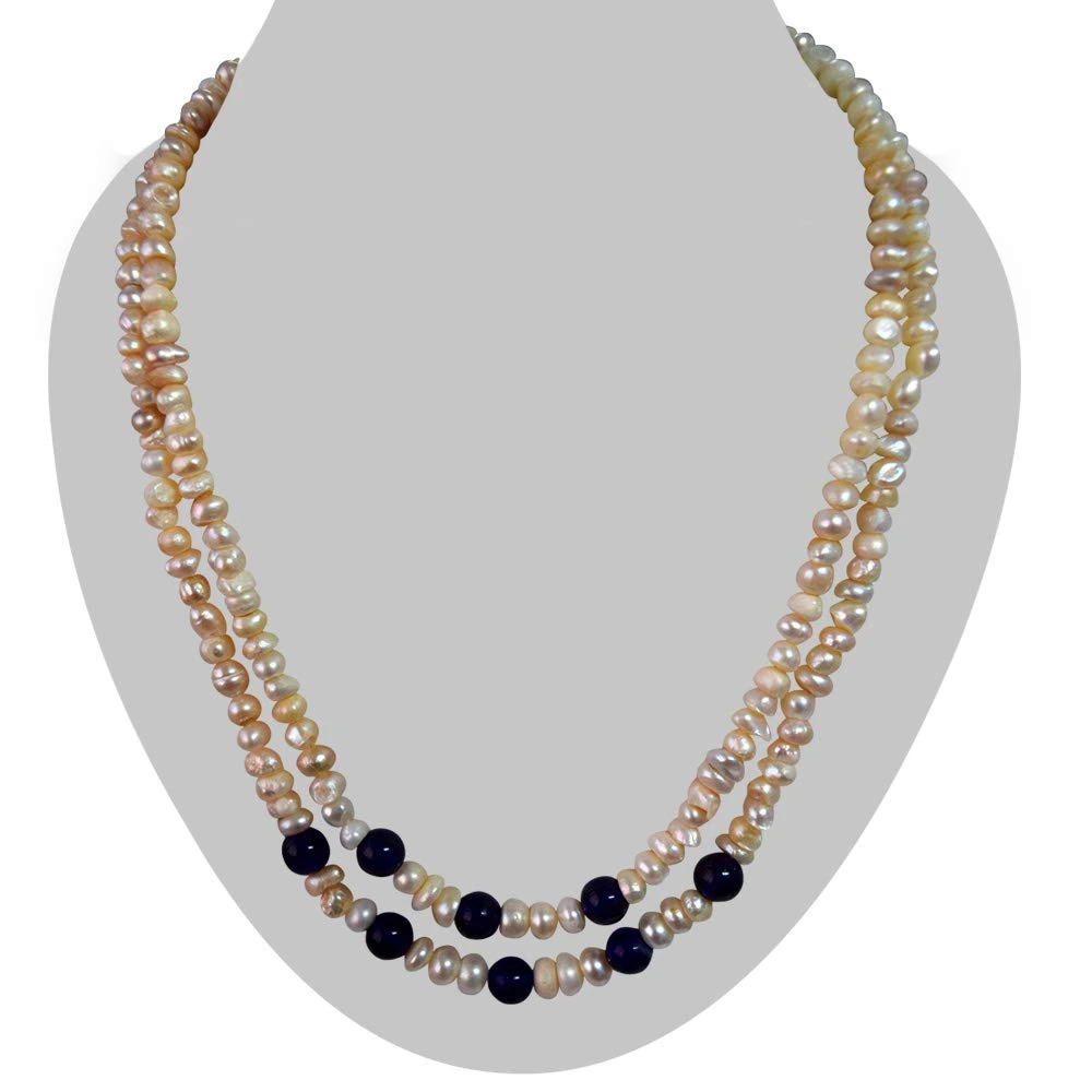 Two Line Real Natural Freshwater Pearl & Blue Beads Necklace for Women (SN954)