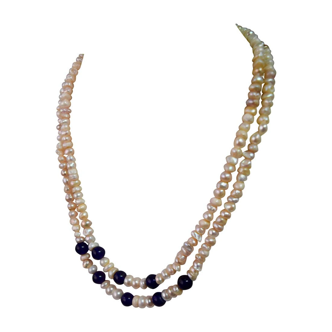Two Line Real Natural Freshwater Pearl & Blue Beads Necklace for Women (SN954)