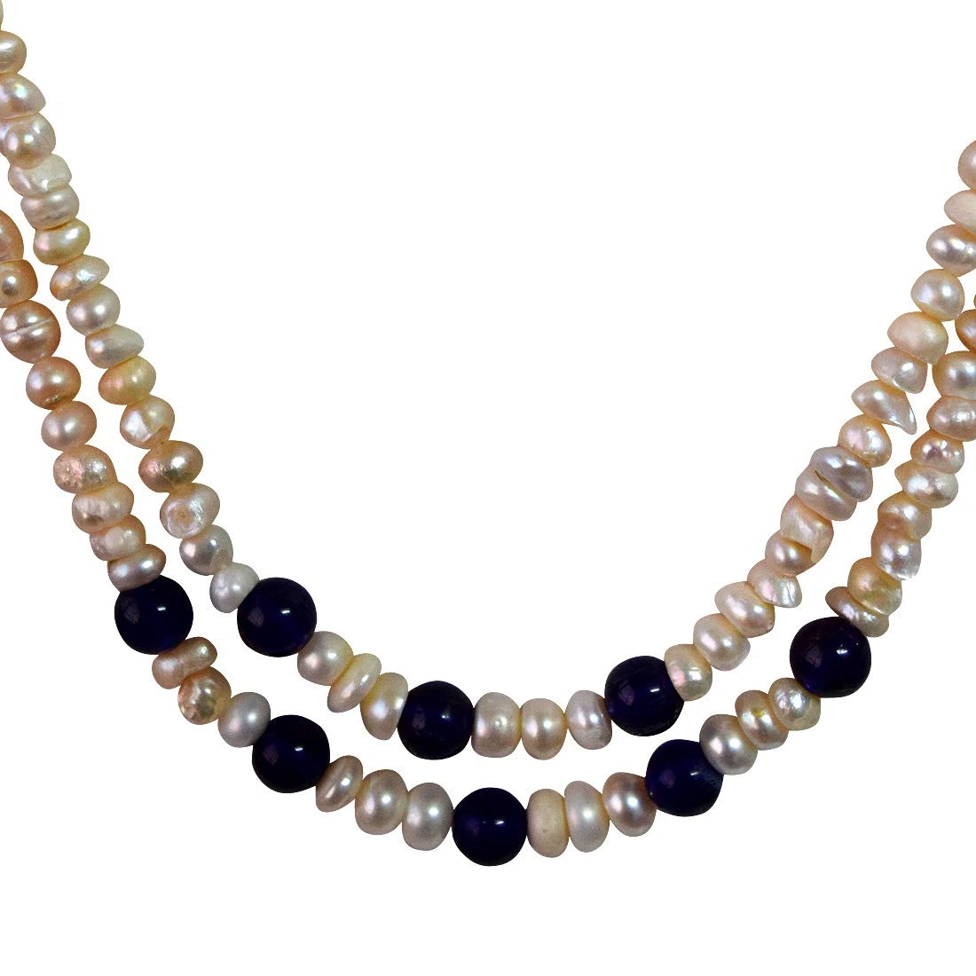 Two Line Real Natural Freshwater Pearl & Blue Beads Necklace for Women (SN954)