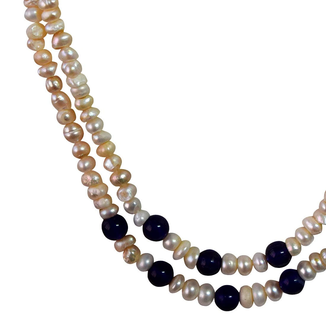Two Line Real Natural Freshwater Pearl & Blue Beads Necklace for Women (SN954)