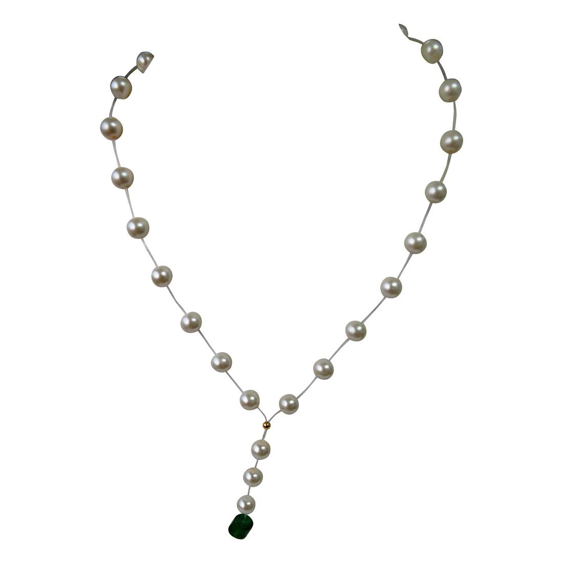 Single Line Invisible Strand Shell Pearl Necklace with Green Stone Drop for Girls (SN955)