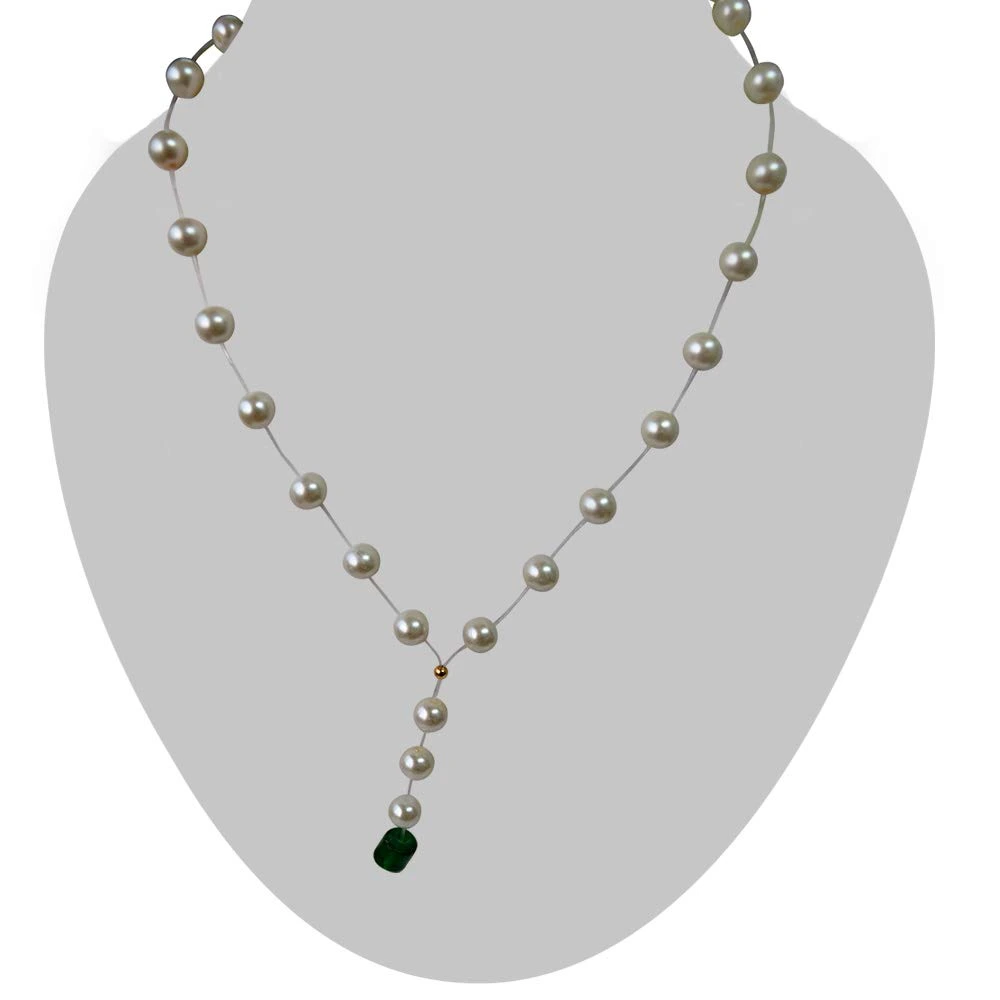 Single Line Invisible Strand Shell Pearl Necklace with Green Stone Drop for Girls (SN955)