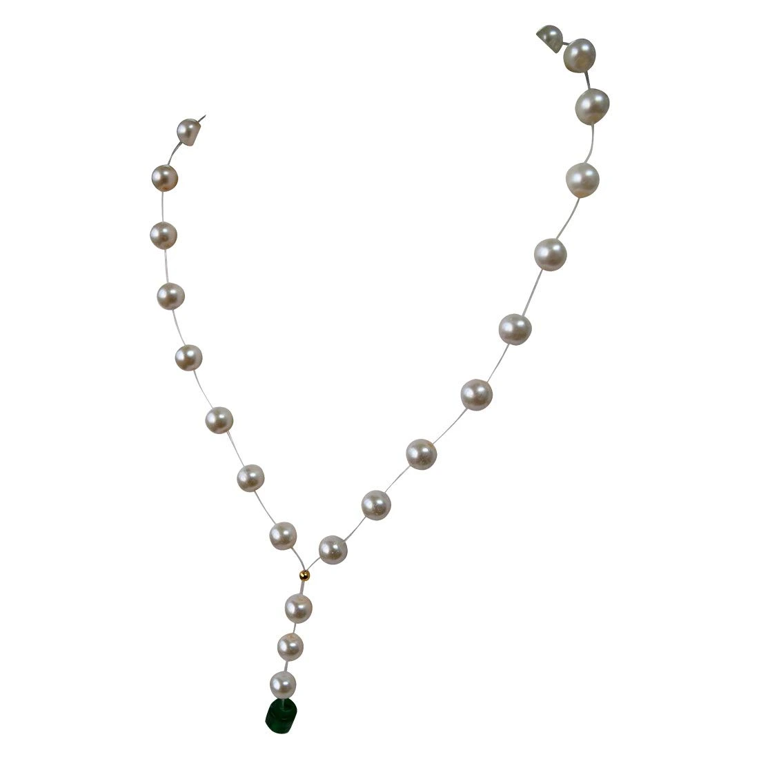 Single Line Invisible Strand Shell Pearl Necklace with Green Stone Drop for Girls (SN955)
