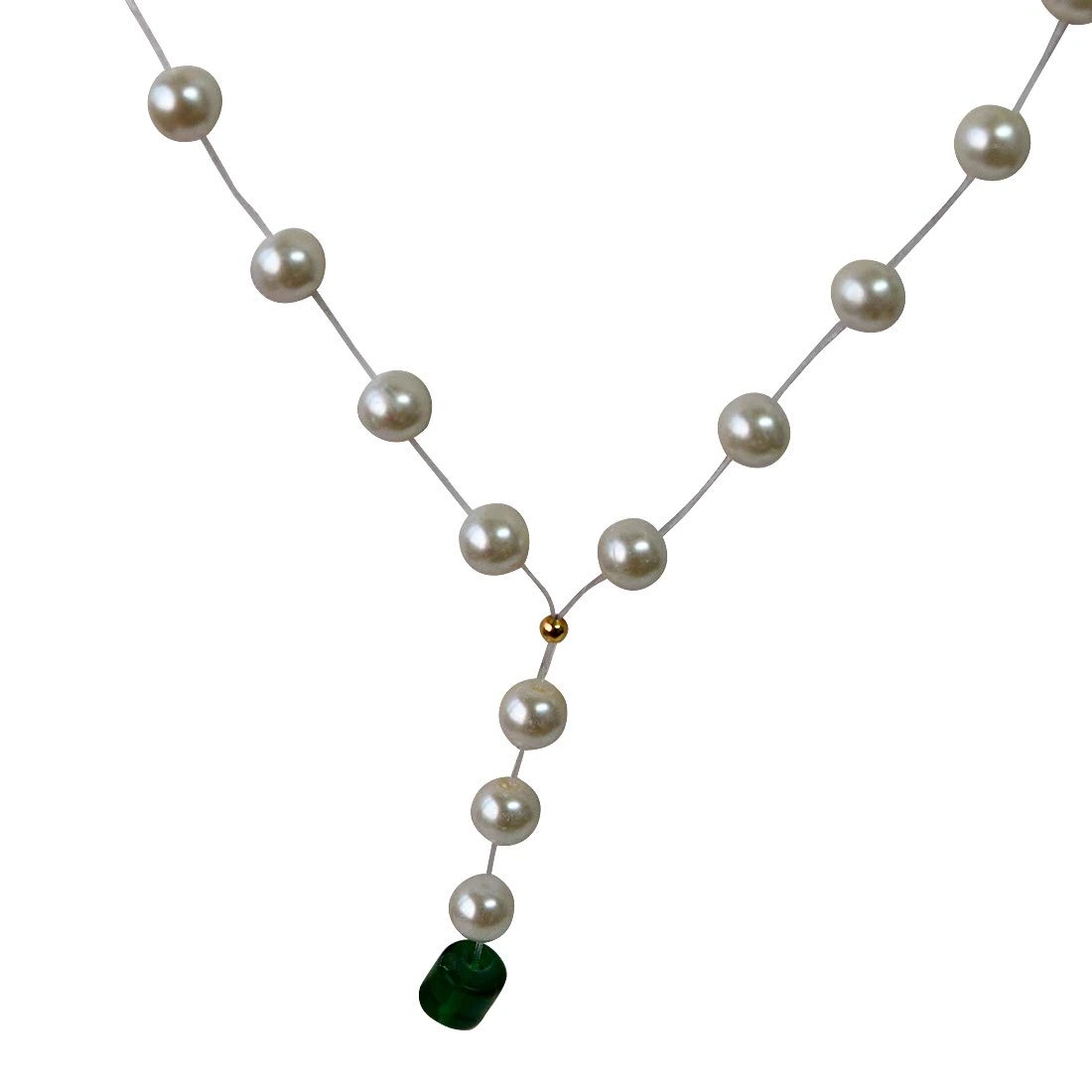 Single Line Invisible Strand Shell Pearl Necklace with Green Stone Drop for Girls (SN955)