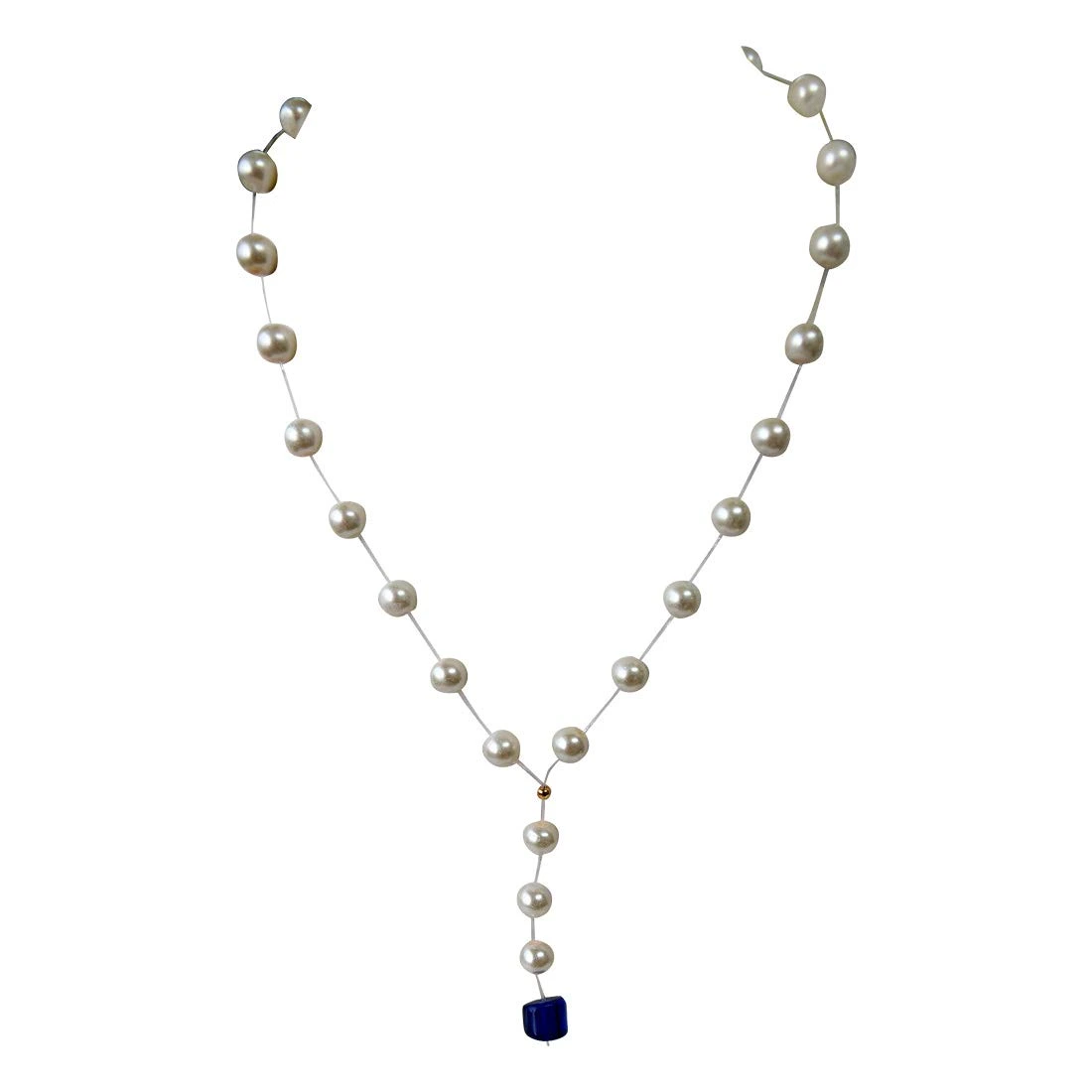 Single Line Invisible Strand Shell Pearl Necklace with Blue Stone Drop for Girls (SN957)