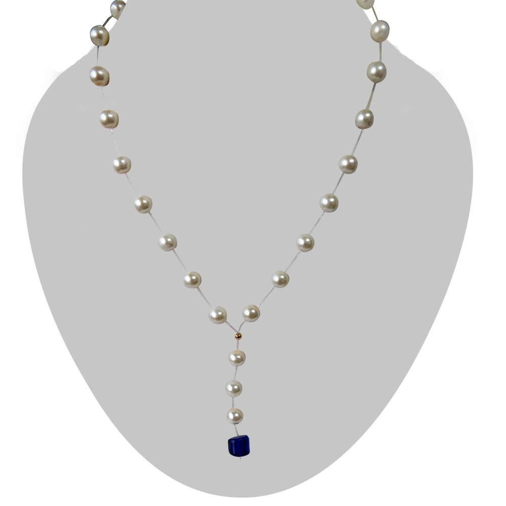 Single Line Invisible Strand Shell Pearl Necklace with Blue Stone Drop for Girls (SN957)