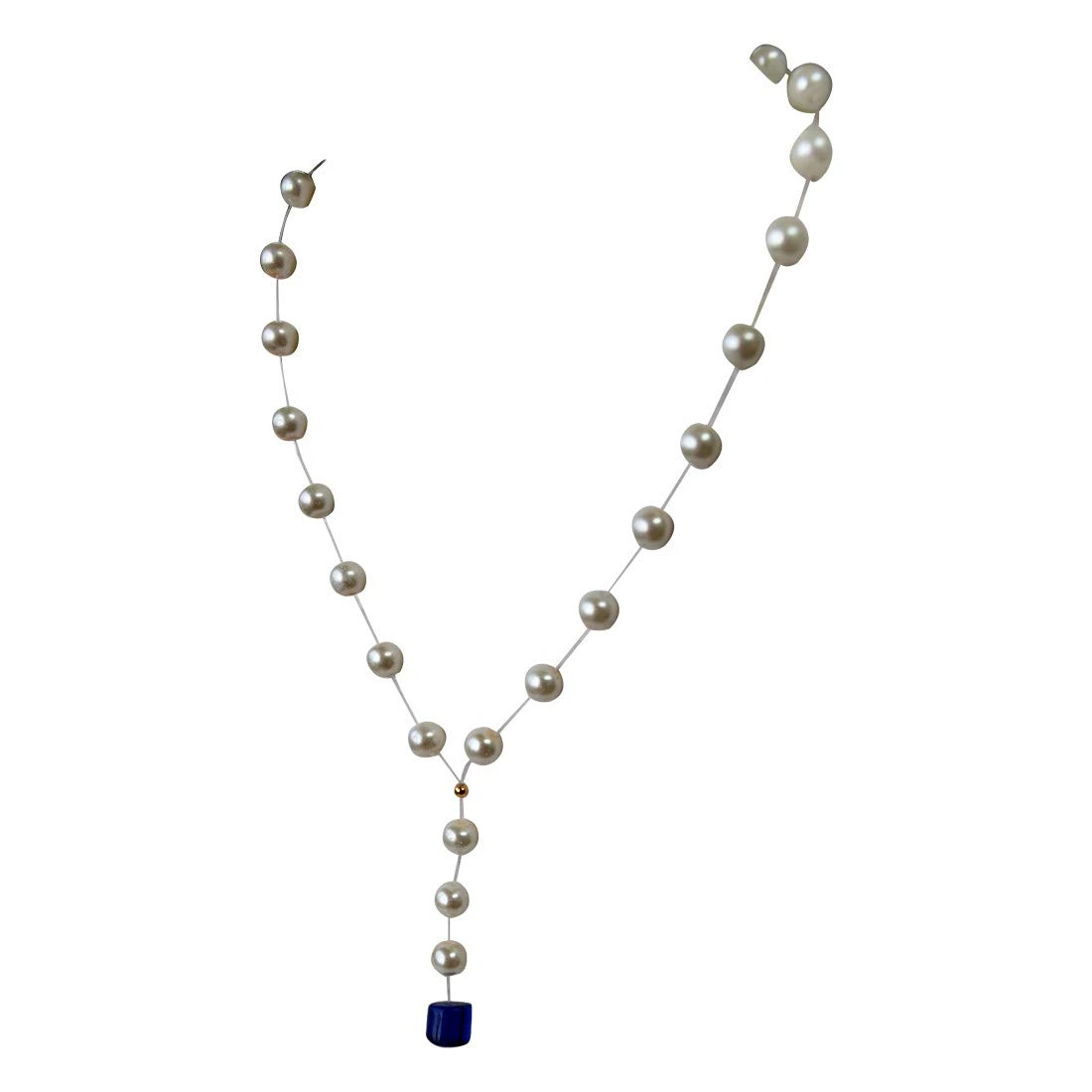 Single Line Invisible Strand Shell Pearl Necklace with Blue Stone Drop for Girls (SN957)