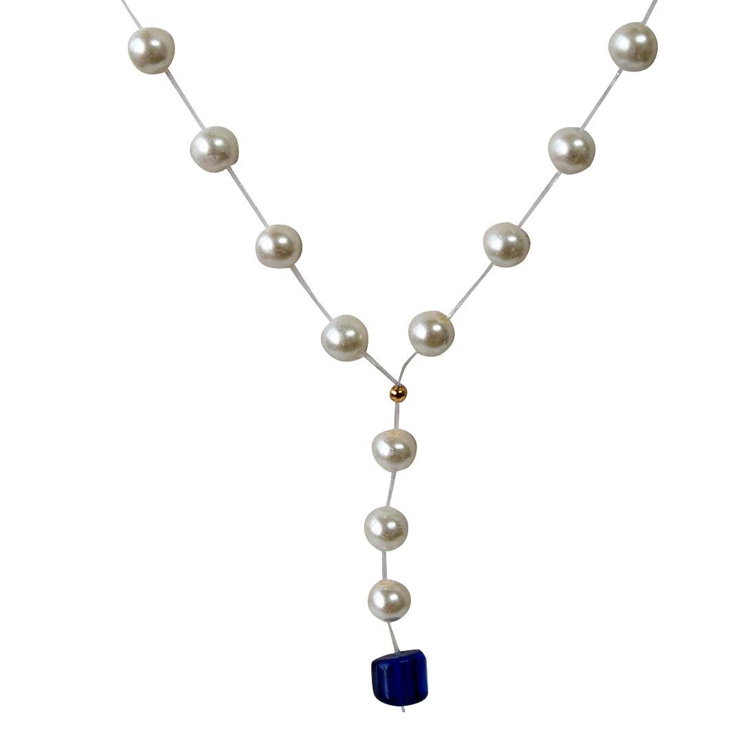 Single Line Invisible Strand Shell Pearl Necklace with Blue Stone Drop for Girls (SN957)