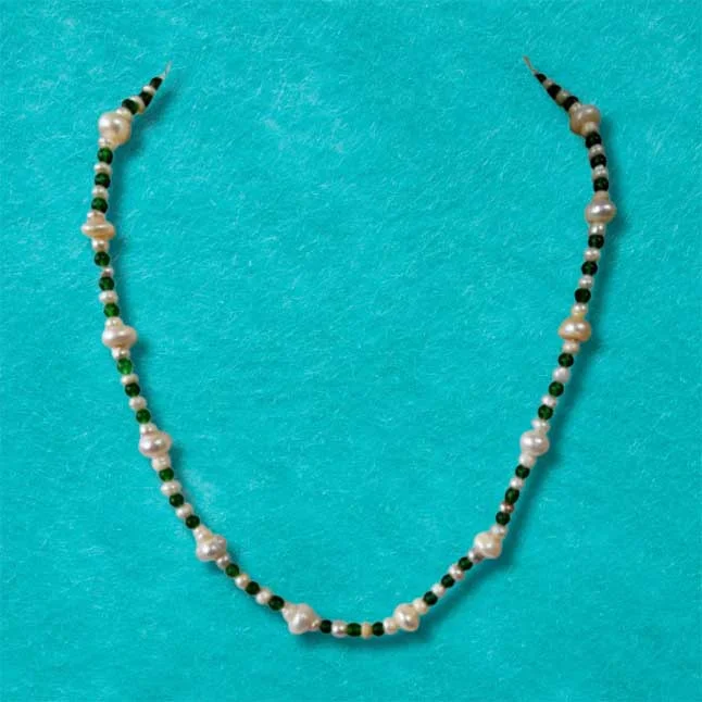 Single Line Real Natural Freshwater Pearl & Green Beads Necklace for Women (SN958)