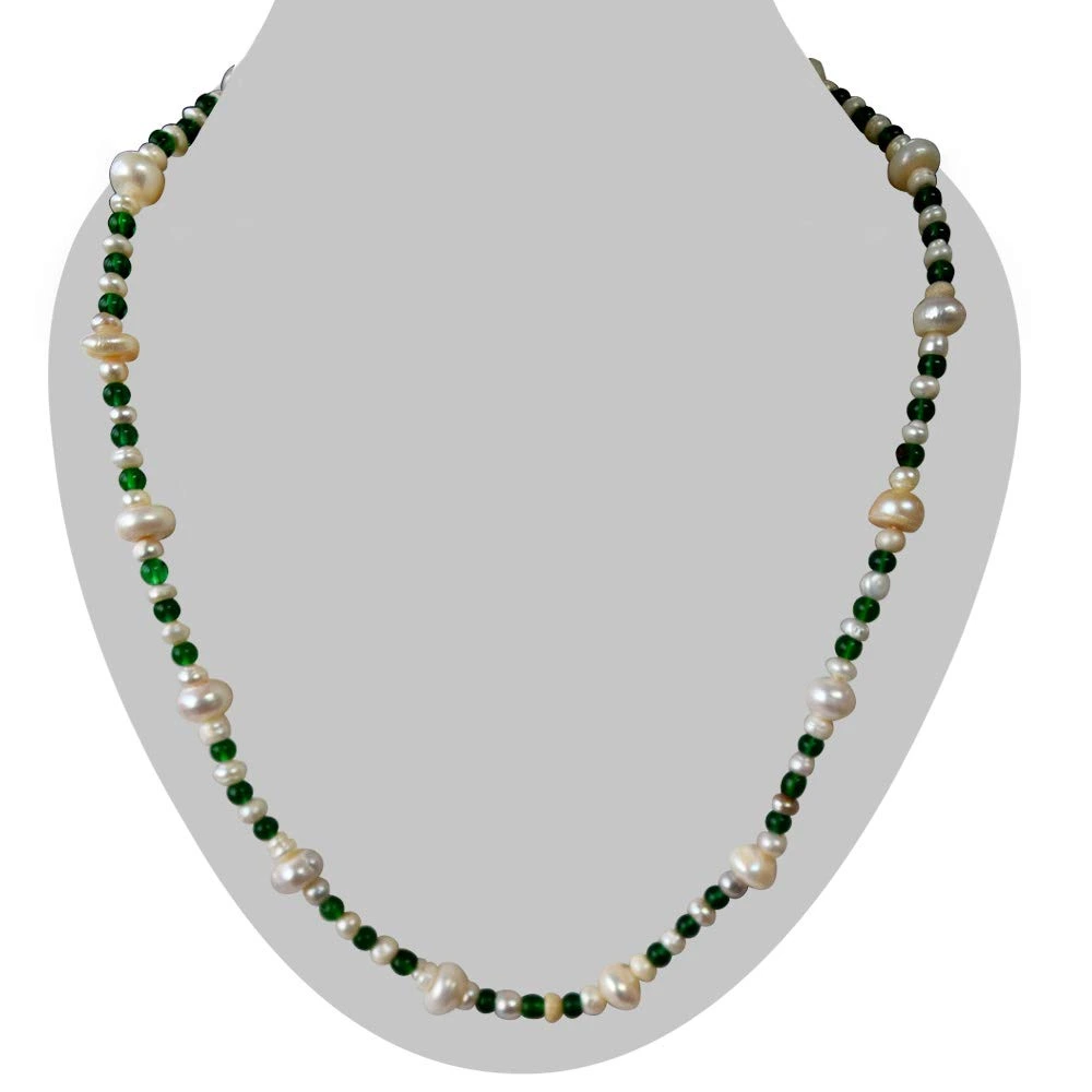 Single Line Real Natural Freshwater Pearl & Green Beads Necklace for Women (SN958)