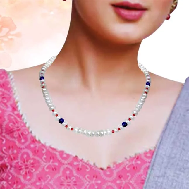 Paragon - Single Line Real Freshwater Pearl, Blue Lapiz & Red Coral Beads Necklace for Women (SN96)