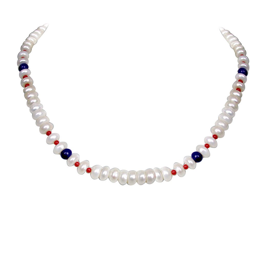 Paragon - Single Line Real Freshwater Pearl, Blue Lapiz & Red Coral Beads Necklace for Women (SN96)