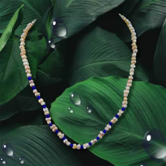 Single Line Real Freshwater Pearl & Blue Beads Necklace for Women (SN960)