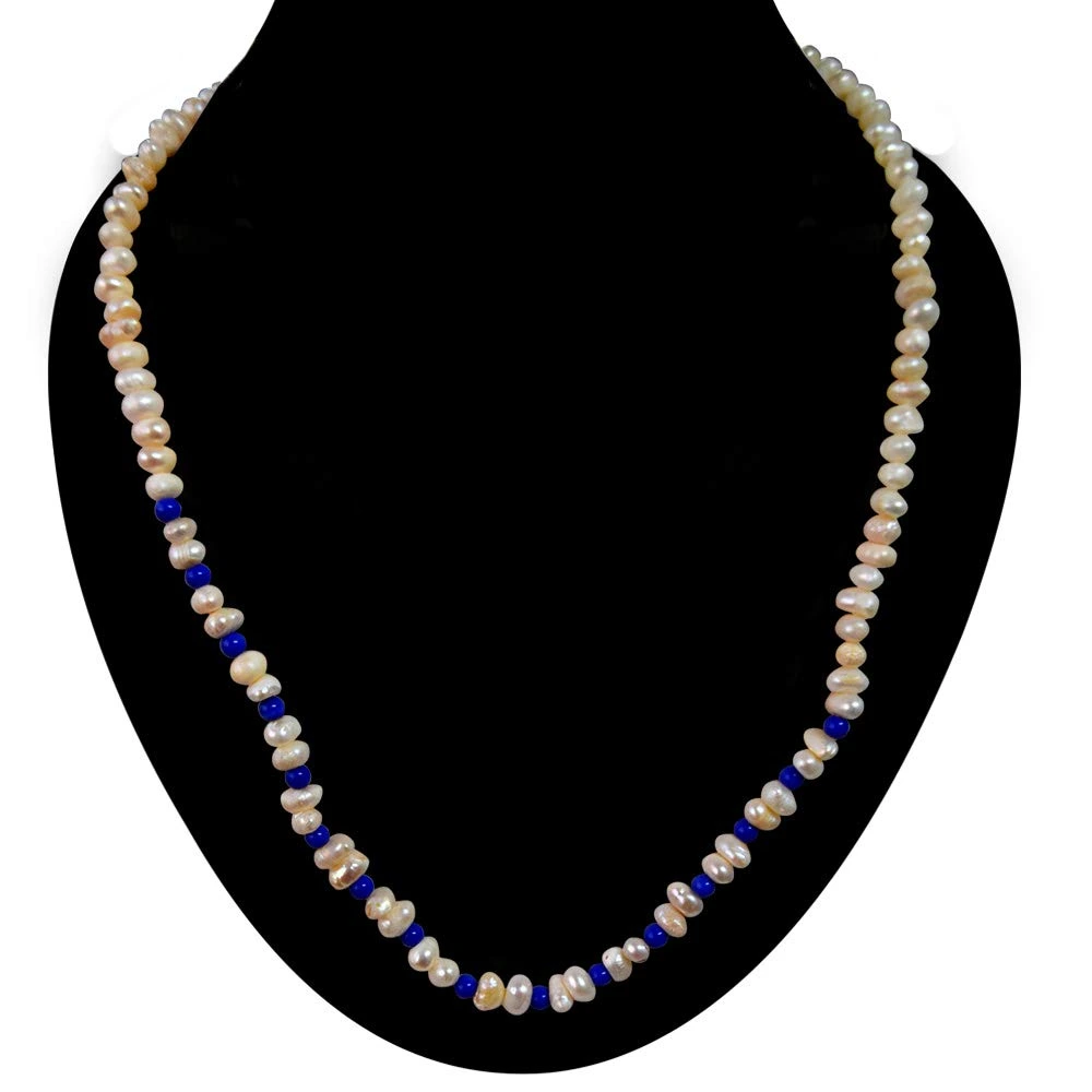 Single Line Real Freshwater Pearl & Blue Beads Necklace for Women (SN960)