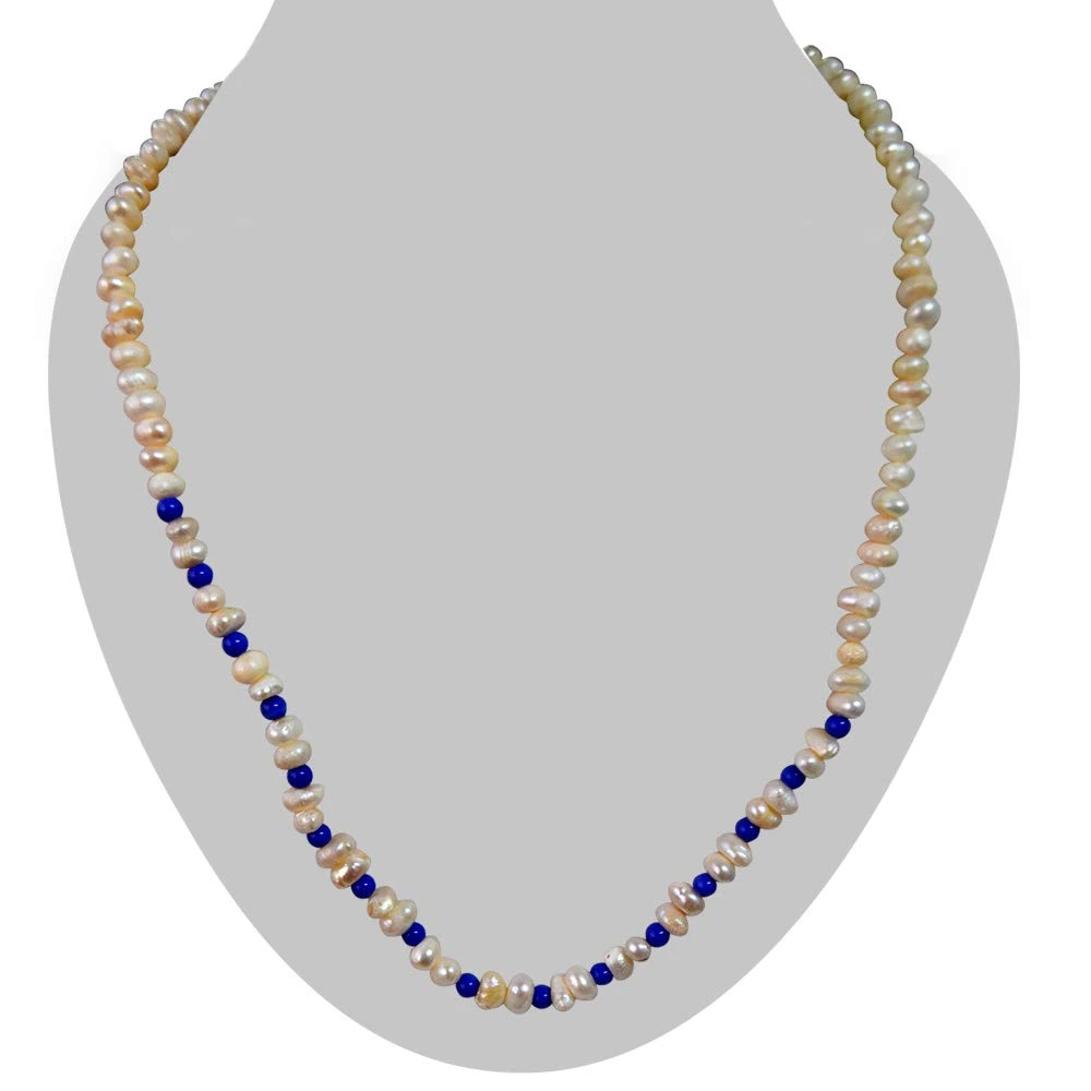 Single Line Real Freshwater Pearl & Blue Beads Necklace for Women (SN960)