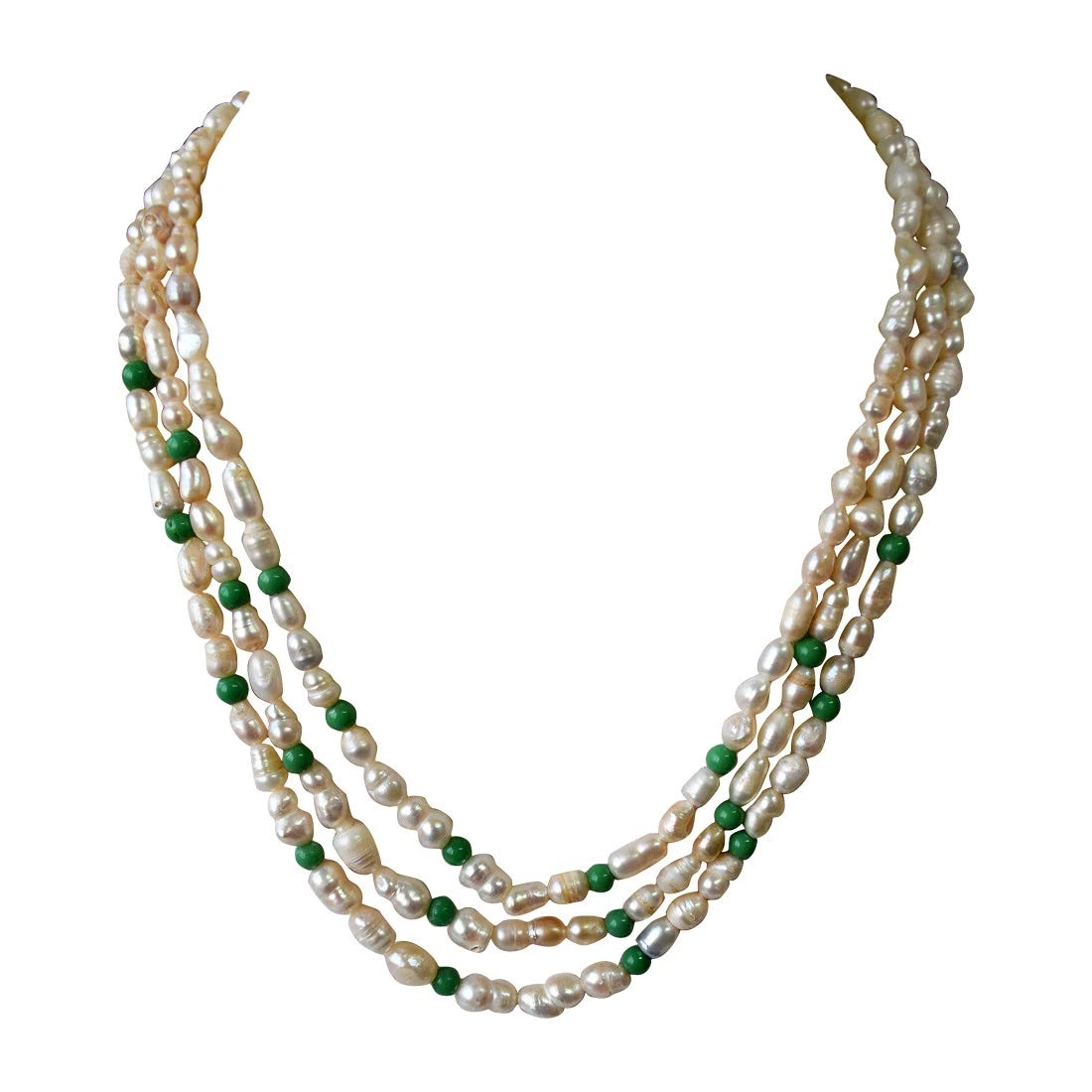 3 Line Freshwater Real Natural Pearl and Green Beads Necklace for Women (SN962)