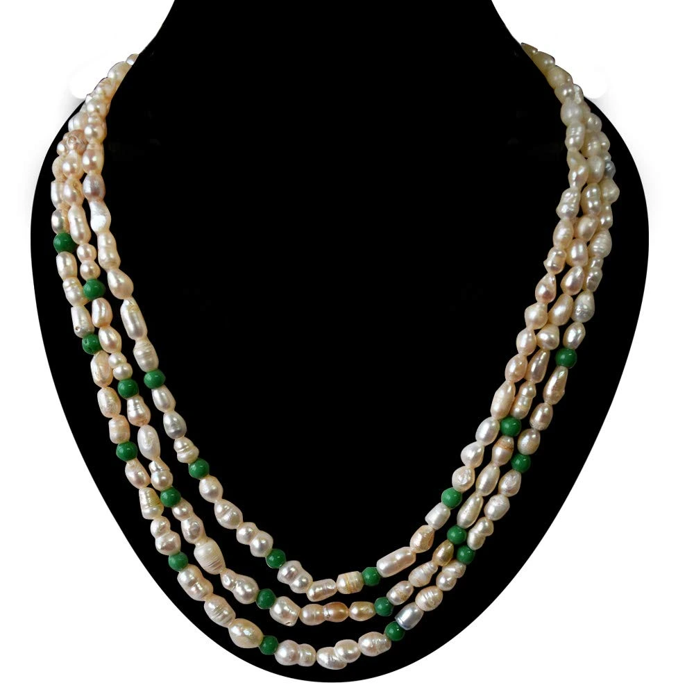 3 Line Freshwater Real Natural Pearl and Green Beads Necklace for Women (SN962)