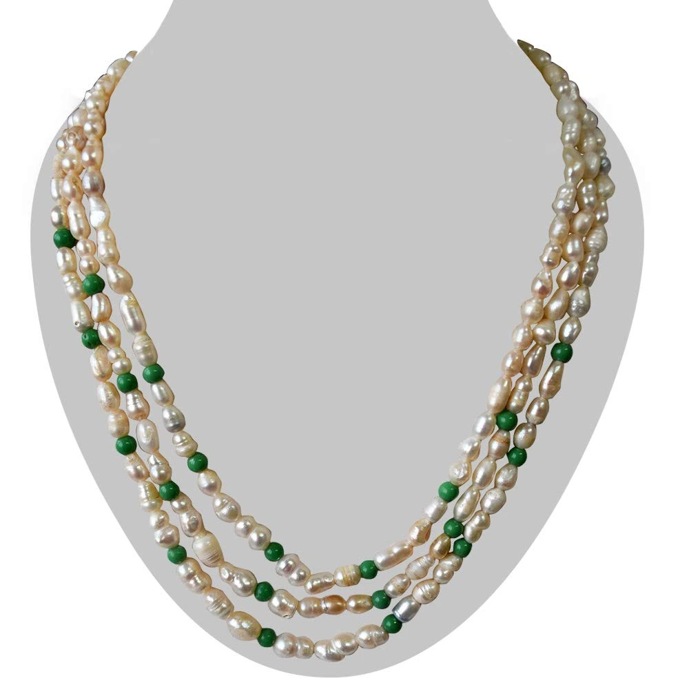 3 Line Freshwater Real Natural Pearl and Green Beads Necklace for Women (SN962)