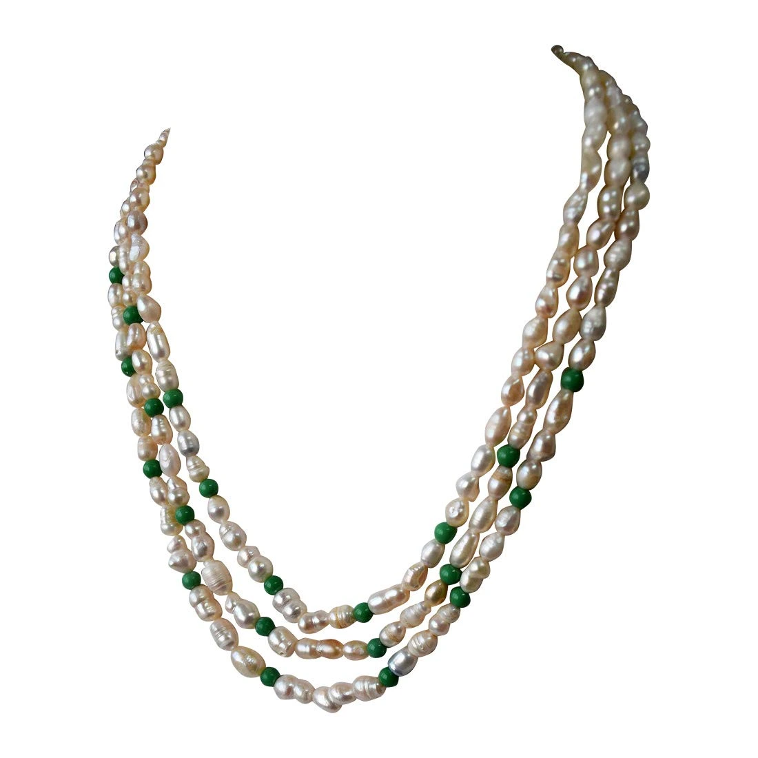 3 Line Freshwater Real Natural Pearl and Green Beads Necklace for Women (SN962)