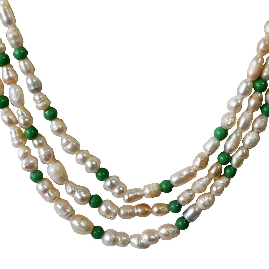 3 Line Freshwater Real Natural Pearl and Green Beads Necklace for Women (SN962)