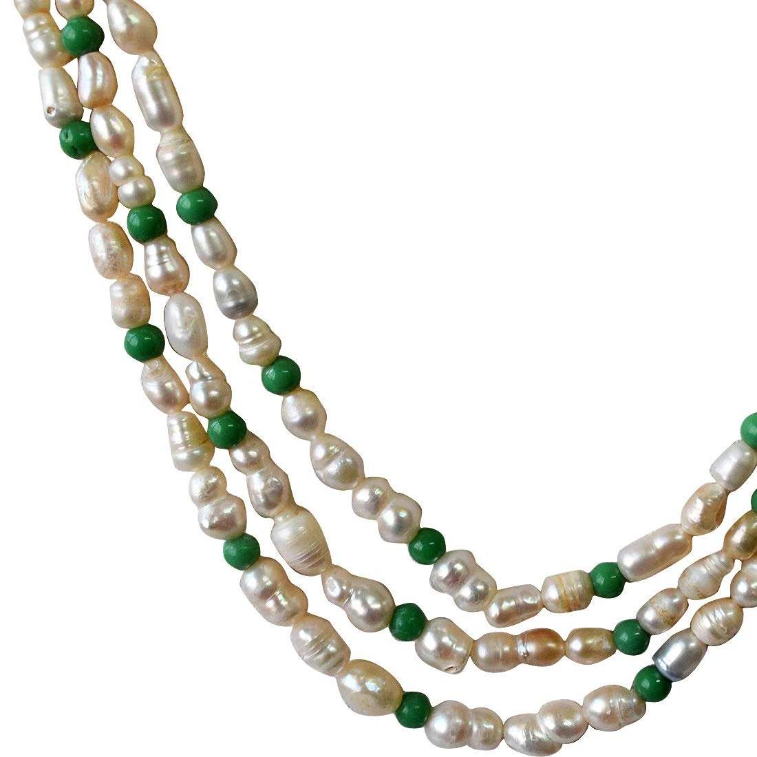 3 Line Freshwater Real Natural Pearl and Green Beads Necklace for Women (SN962)