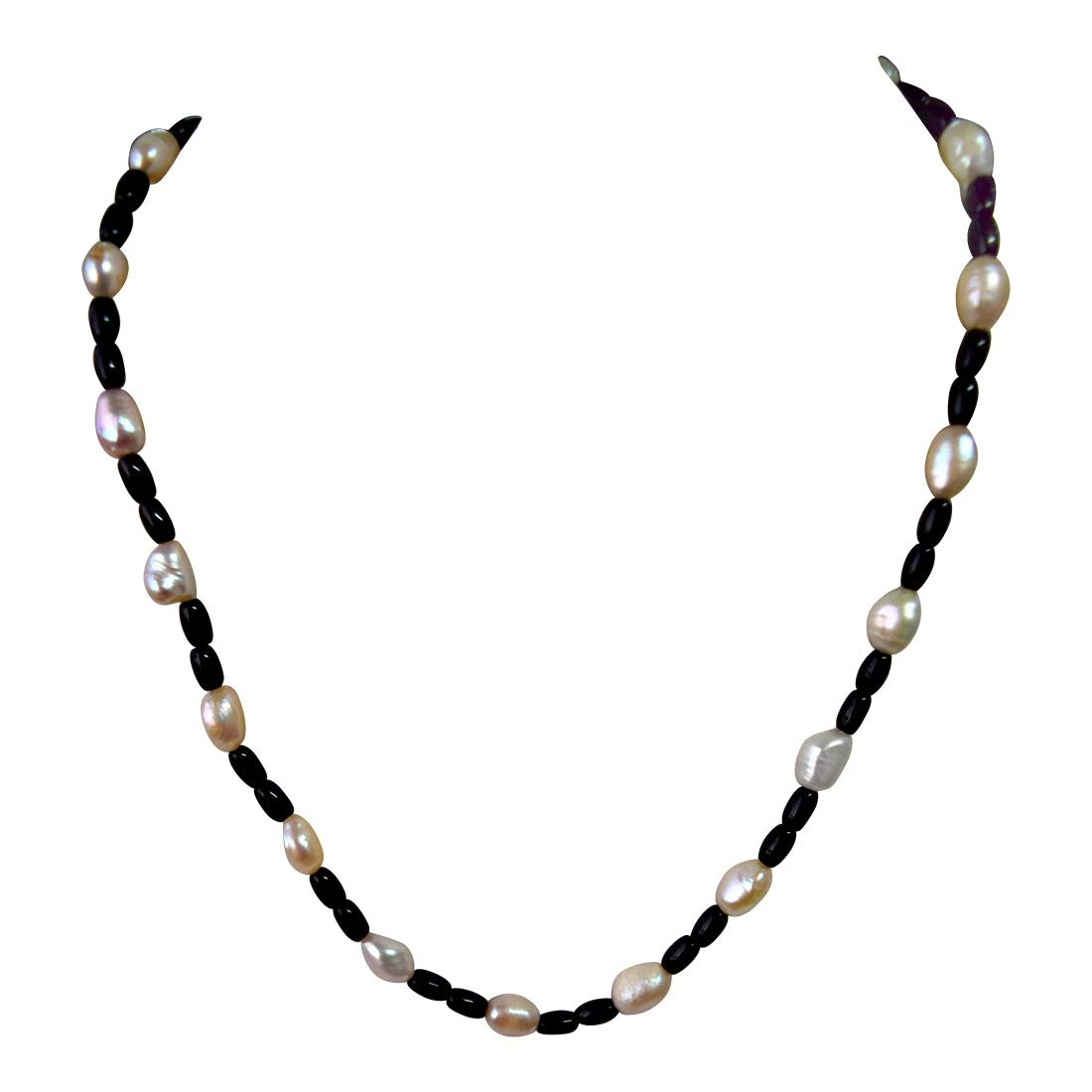 Single Line Real Natural Freshwater Pearl & Black Beads Necklace for Women (SN964)
