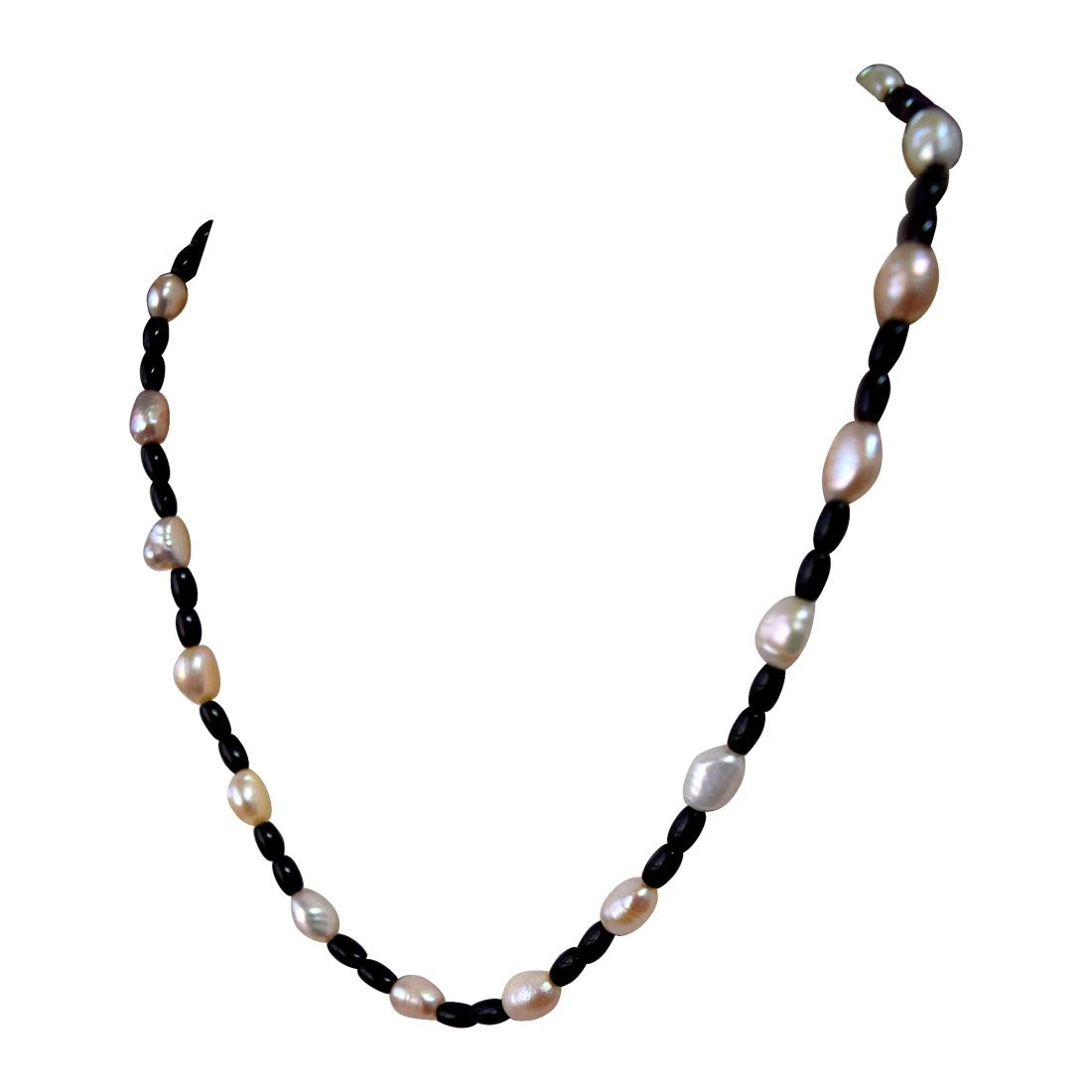 Single Line Real Natural Freshwater Pearl & Black Beads Necklace for Women (SN964)