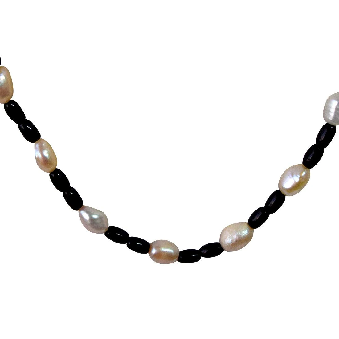 Single Line Real Natural Freshwater Pearl & Black Beads Necklace for Women (SN964)