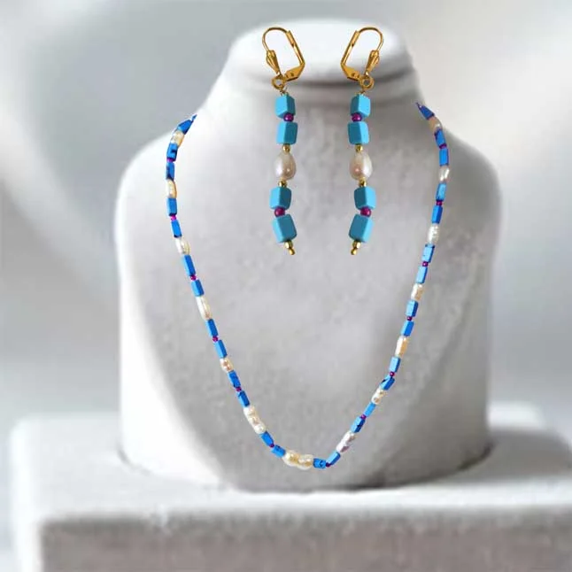 Single Line Blue Turquoise Rectangle Bead & Natural Pearl Necklace with Earrings (SN966)