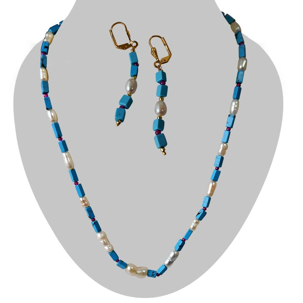 Single Line Blue Turquoise Rectangle Bead & Natural Pearl Necklace with Earrings (SN966)