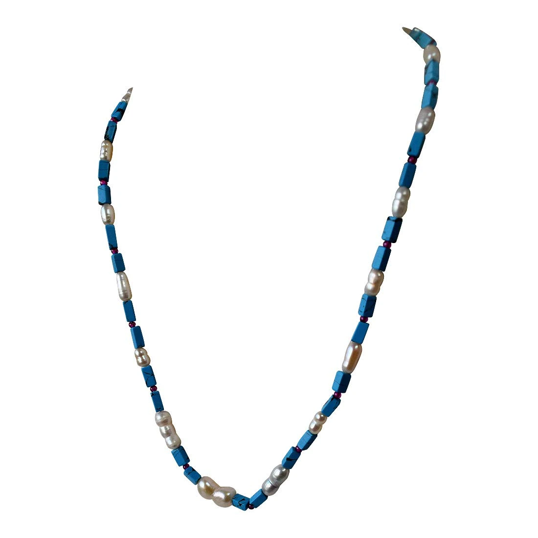 Single Line Blue Turquoise Rectangle Bead & Natural Pearl Necklace with Earrings (SN966)