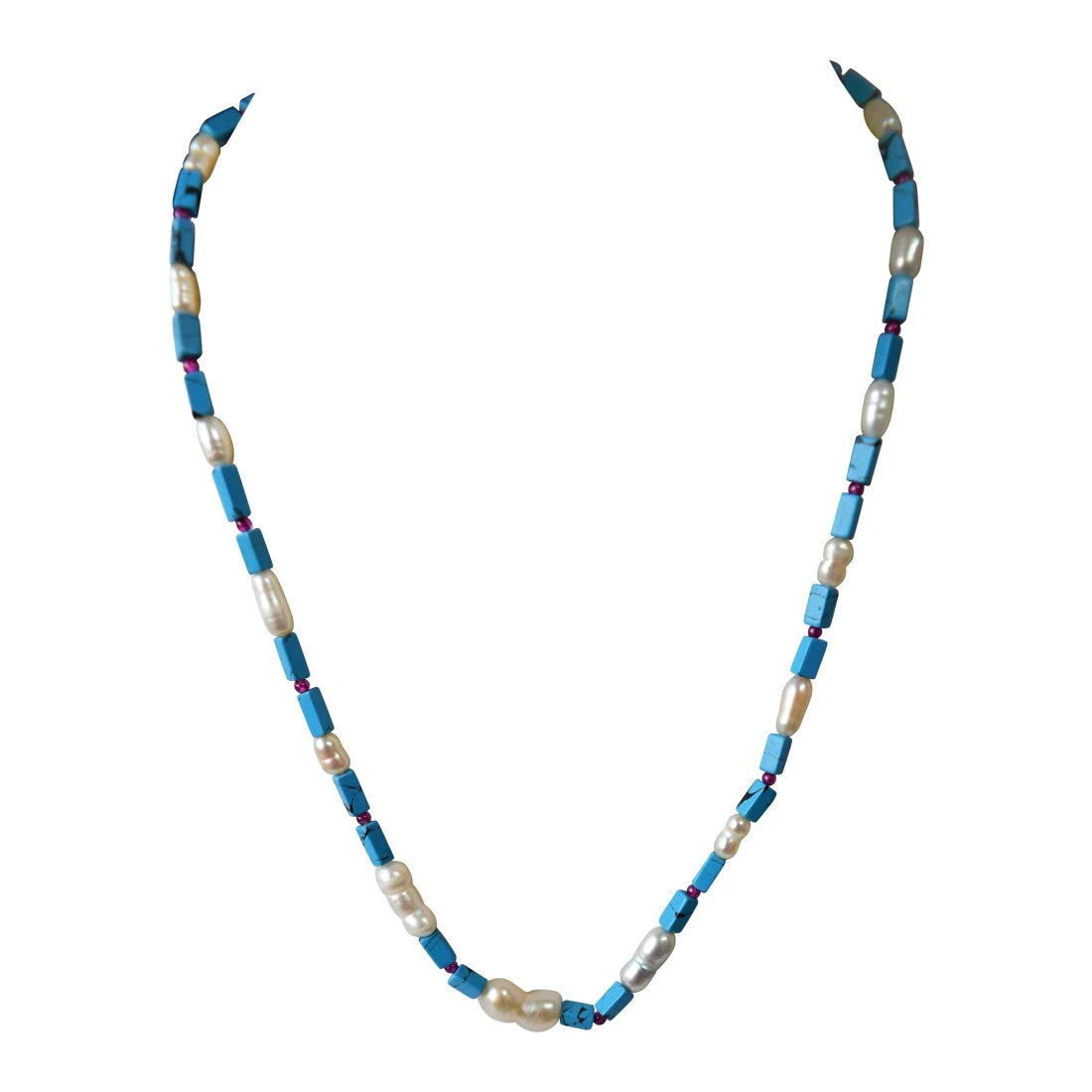 Single Line Blue Turquoise Rectangle Bead & Natural Pearl Necklace with Earrings (SN966)