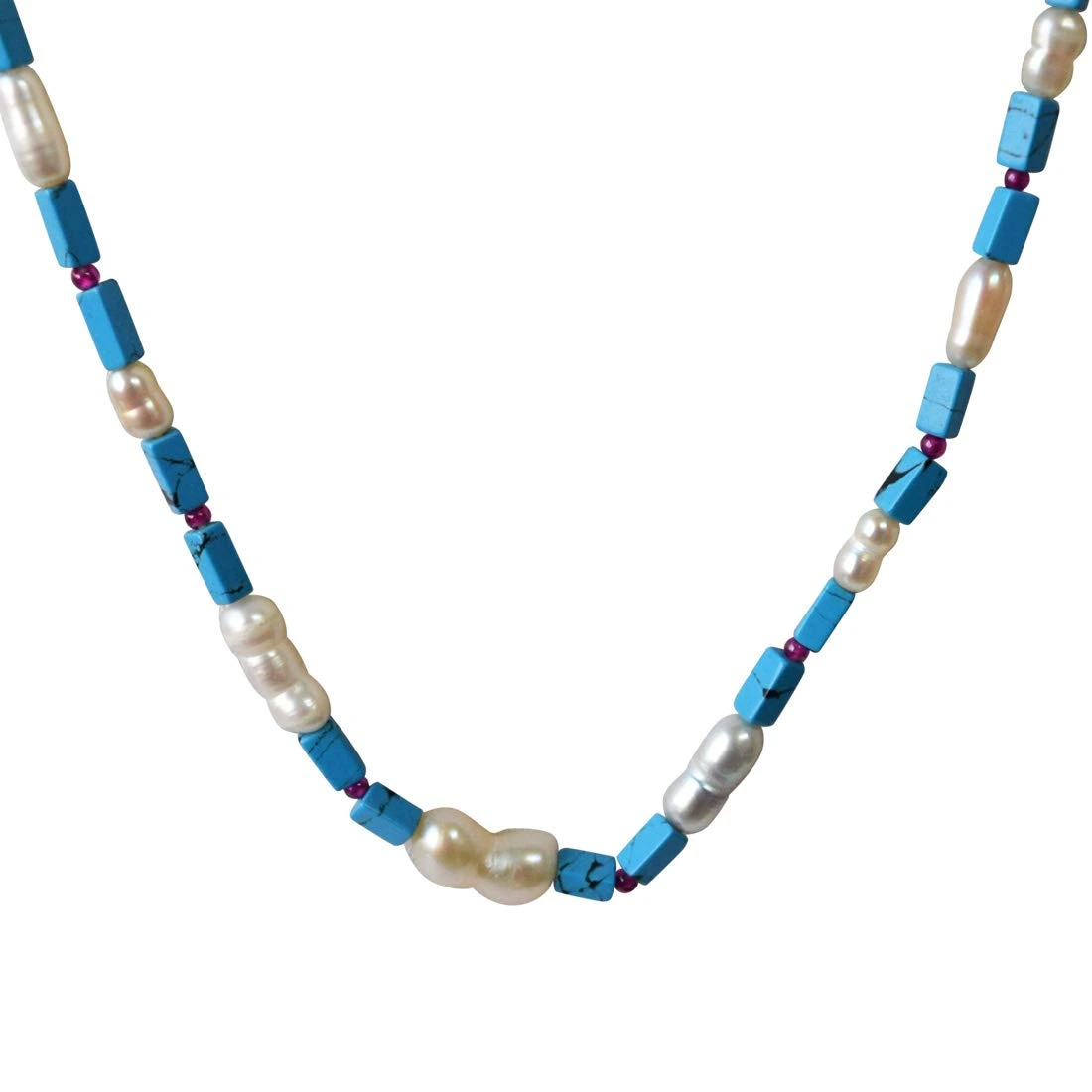 Single Line Blue Turquoise Rectangle Bead & Natural Pearl Necklace with Earrings (SN966)