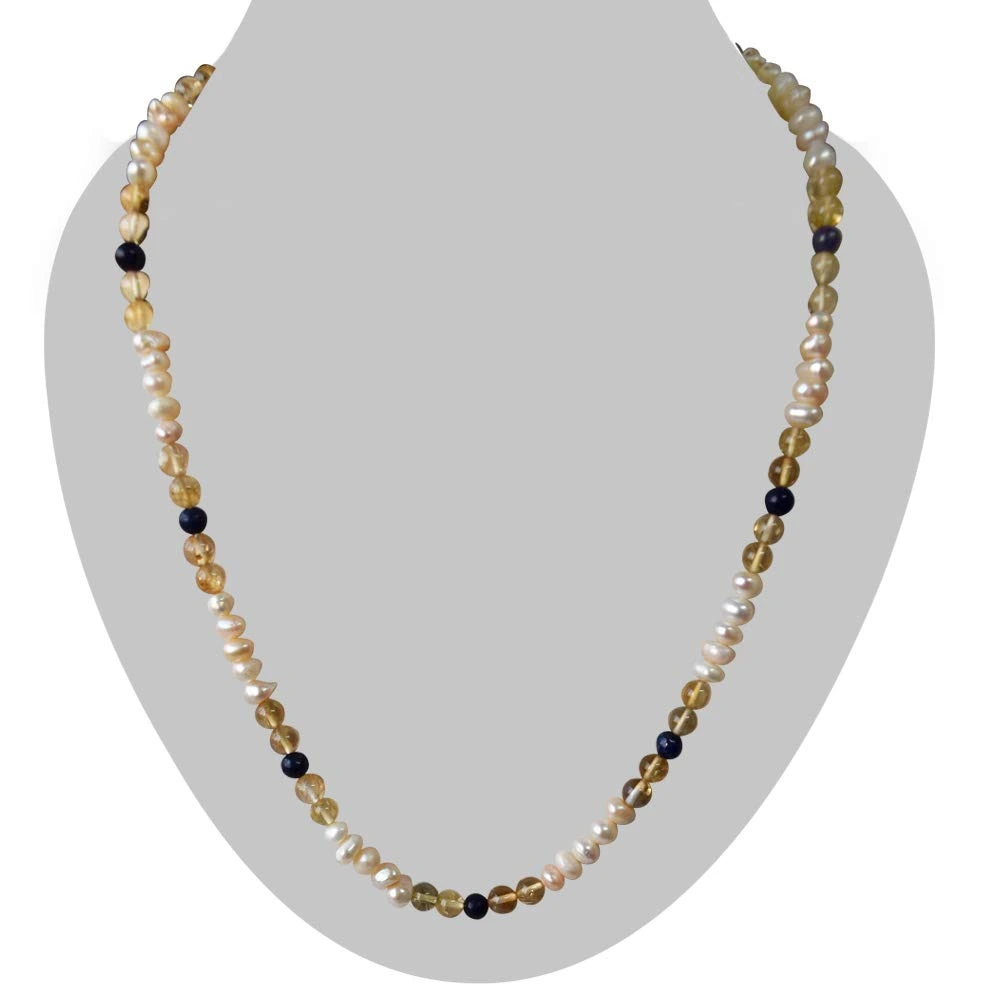 Freshwater Real Natural Pearl, Blue Lapiz & Citrin Beads Necklace with with Earrings (SN967)