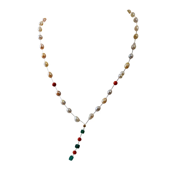 Single Line Invisible Strand Real Natural Pearl, Coral & Green Onyx Necklace (SN968)