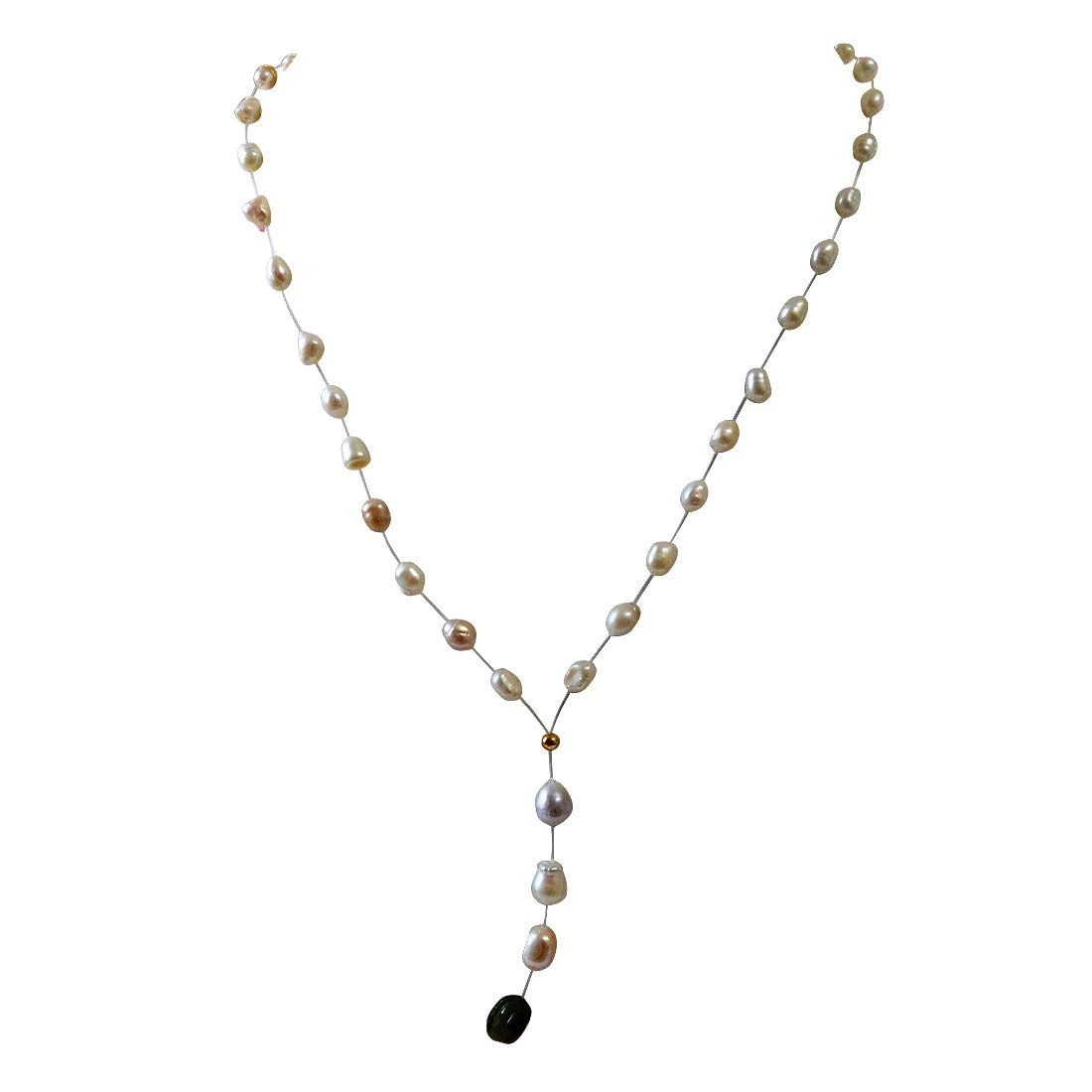 Single Line Invisible Strand Real Natural Pearl and Engraved Emerald Drop Necklace (SN969)