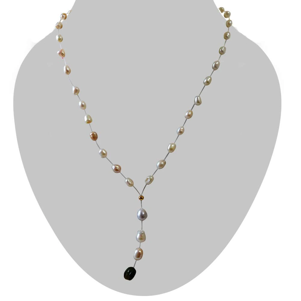 Single Line Invisible Strand Real Natural Pearl and Engraved Emerald Drop Necklace (SN969)