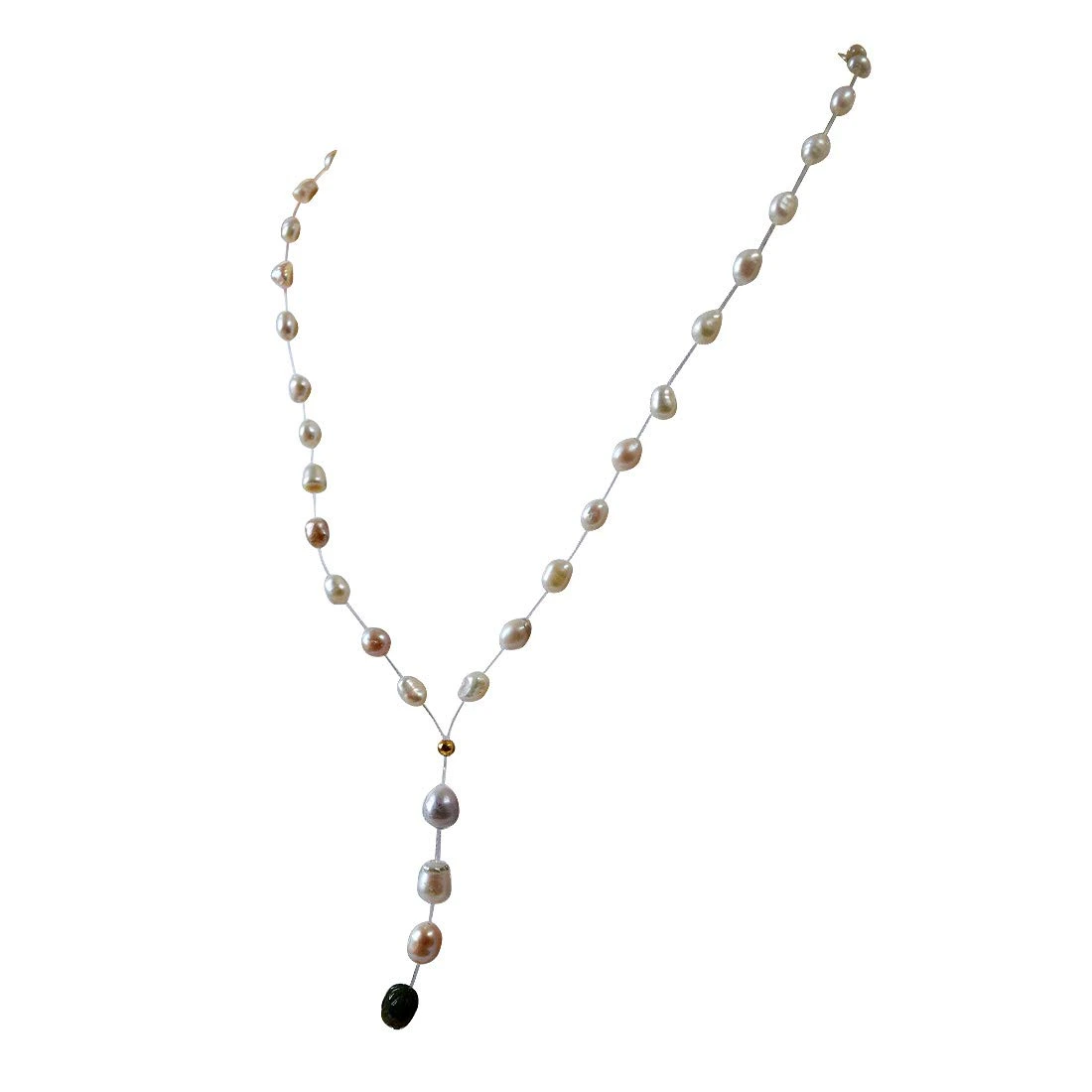 Single Line Invisible Strand Real Natural Pearl and Engraved Emerald Drop Necklace (SN969)