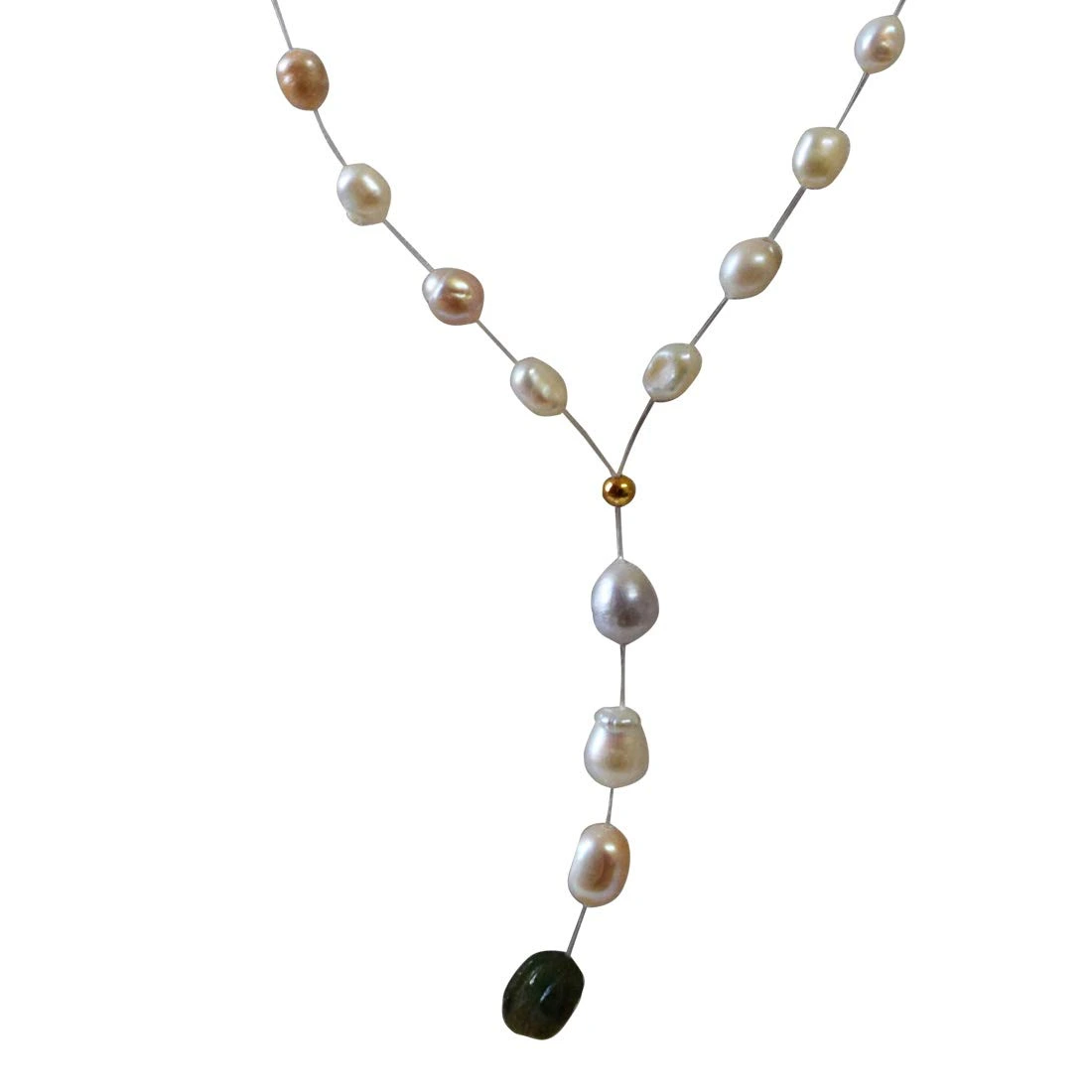 Single Line Invisible Strand Real Natural Pearl and Engraved Emerald Drop Necklace (SN969)