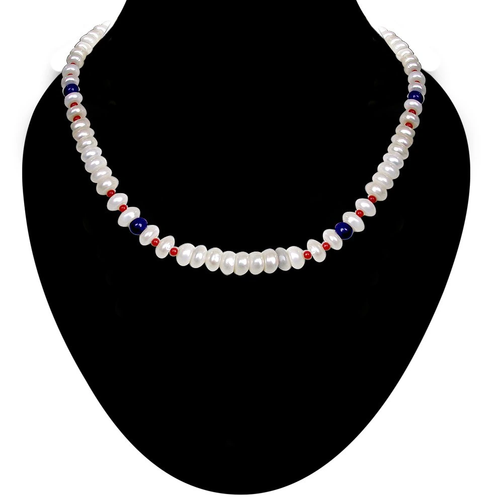 Paragon - Single Line Real Freshwater Pearl, Blue Lapiz & Red Coral Beads Necklace for Women (SN96)