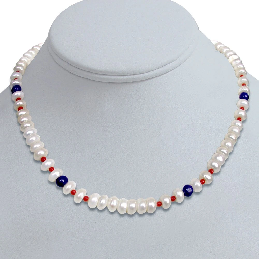 Paragon - Single Line Real Freshwater Pearl, Blue Lapiz & Red Coral Beads Necklace for Women (SN96)