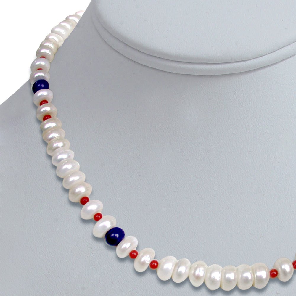Paragon - Single Line Real Freshwater Pearl, Blue Lapiz & Red Coral Beads Necklace for Women (SN96)