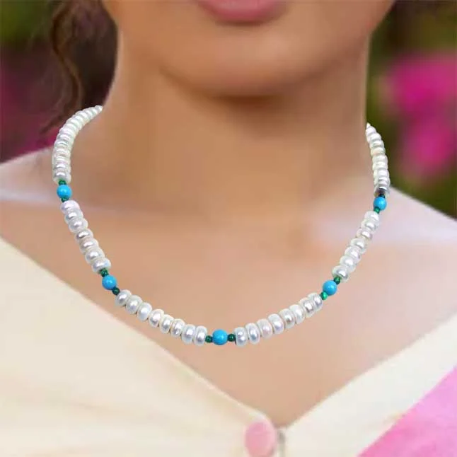 Purity - Freshwater Pearl, Turquoise & Malachite Beads Necklace for Women (SN97)