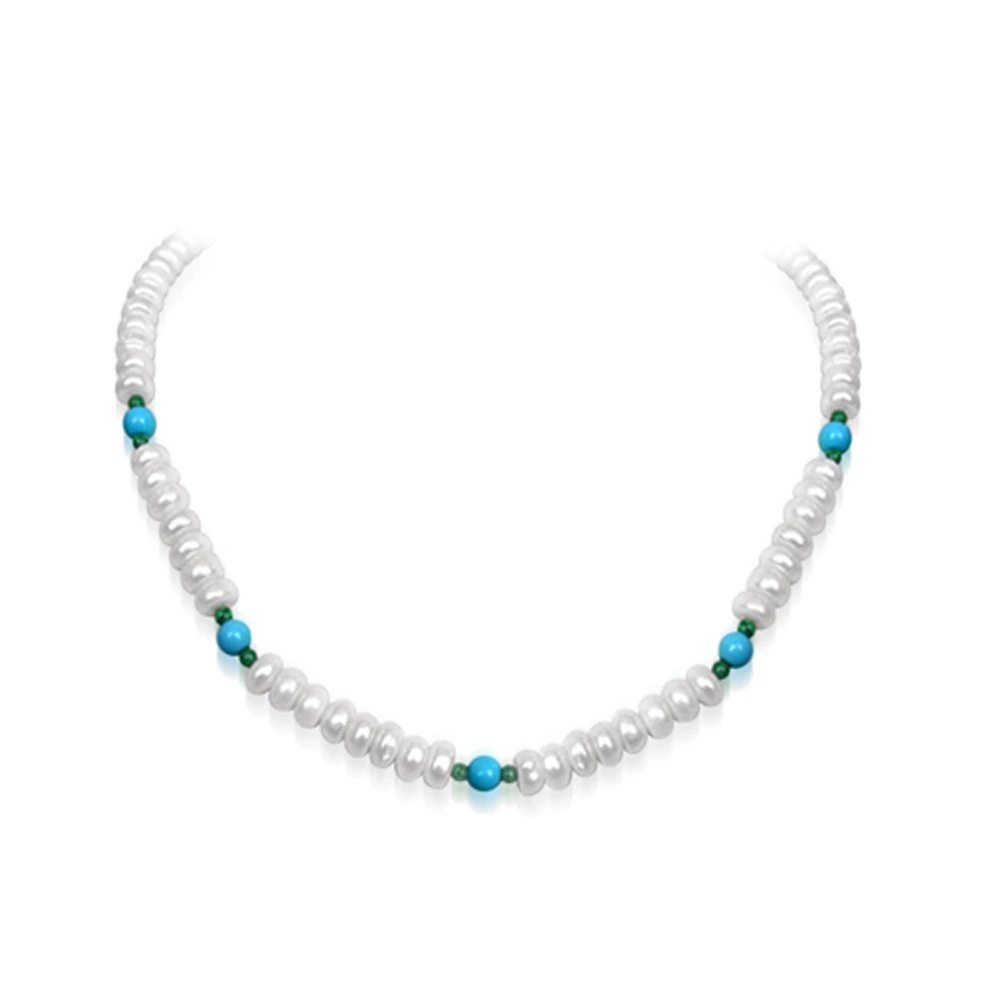 Purity - Freshwater Pearl, Turquoise & Malachite Beads Necklace for Women (SN97)