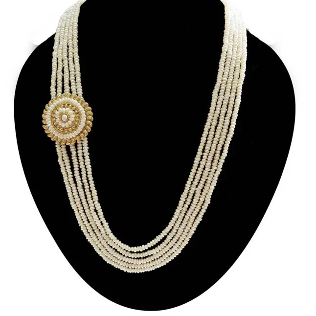 5 Line Real Freshwater Pearl Gold Plated Pendant Maharani Necklace for Women (SN972)