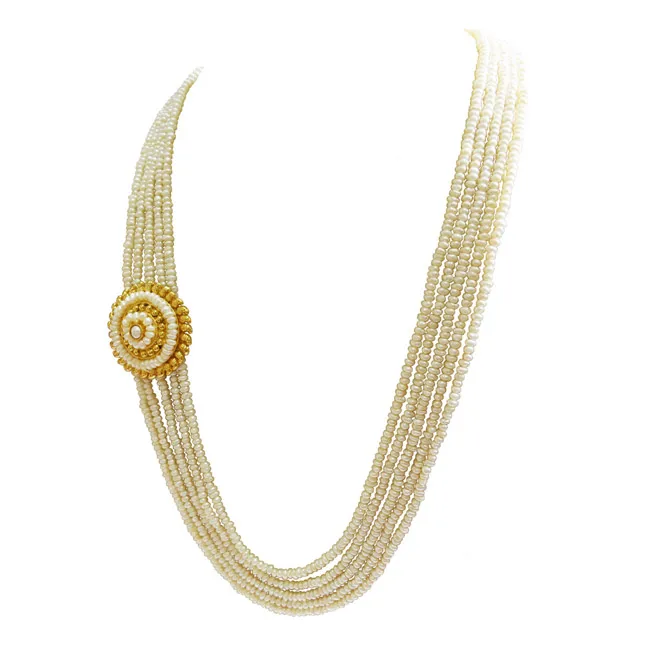 5 Line Real Freshwater Pearl Gold Plated Pendant Maharani Necklace for Women (SN972)